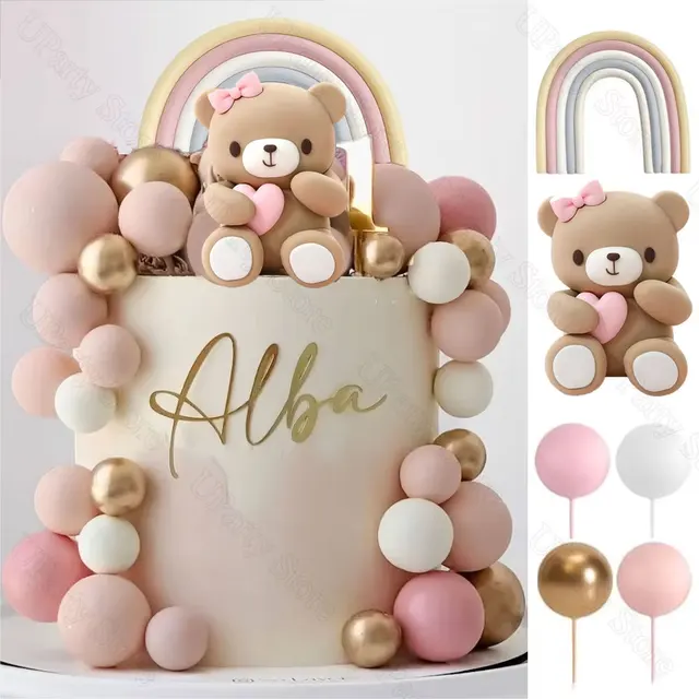 1 Zestaw różowych nakładek na ciasto z niedźwiedziem Boho Rainbow Nude Baby Pink Balls Dekoracje na tort na urodziny Chrzest Baby Shower Party Favor