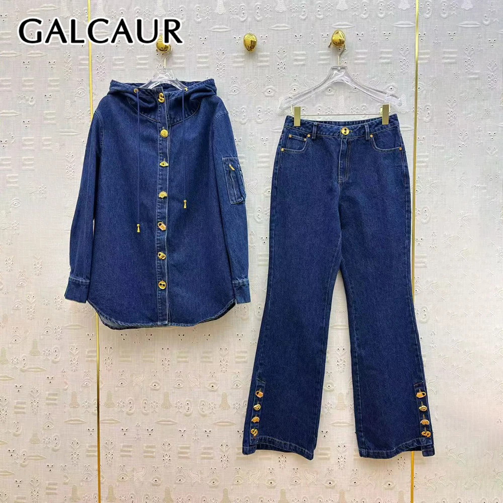 

GALCAUR однобортный комплект из двух предметов, женская куртка с капюшоном и длинными рукавами, уличная одежда, базовые женские брючные комплекты, новинка