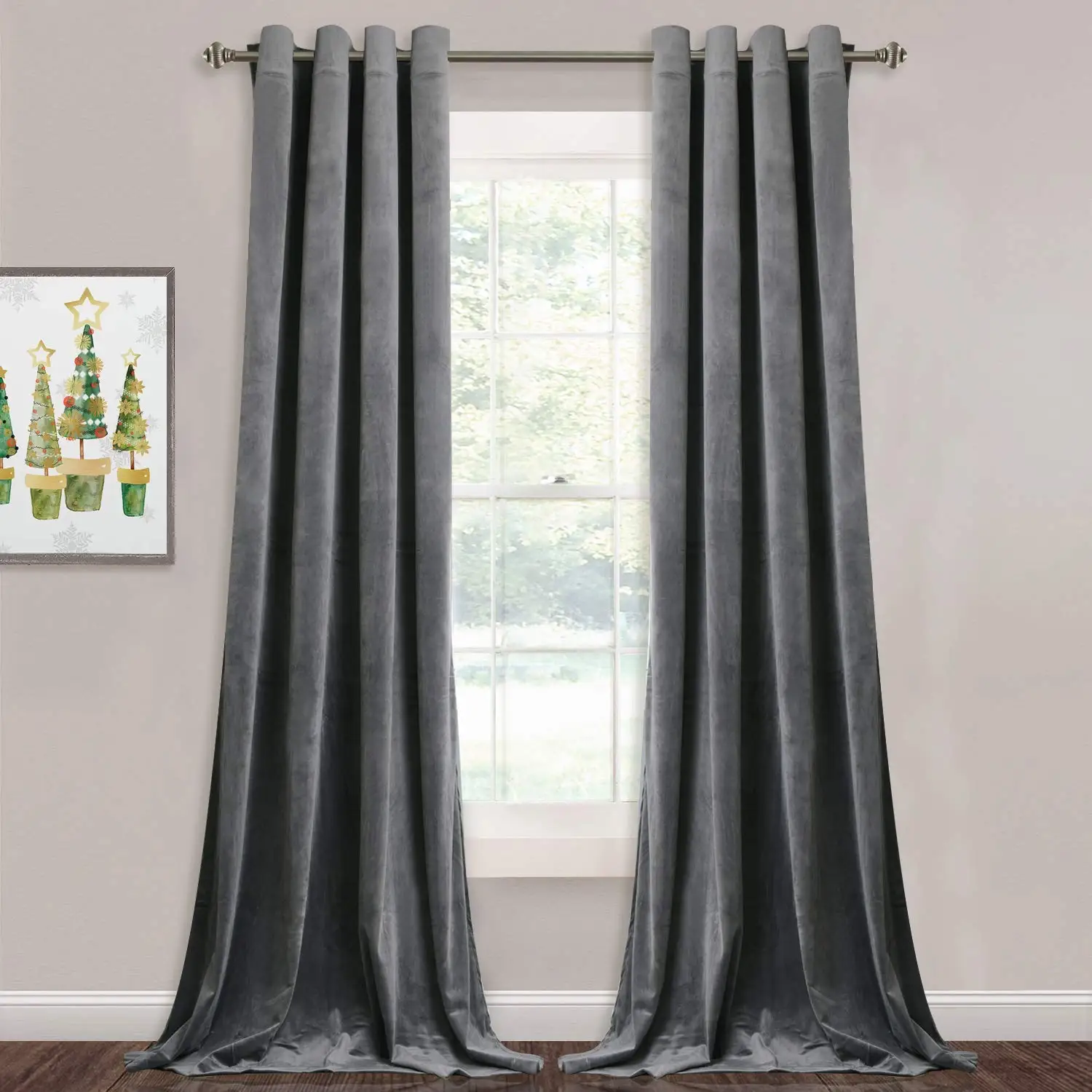 Grey Velvet Curtains for Living Room 84 inches Long Blackout Curtains for Bedroom Grommet Privacy Thermal Insulated Window Drape