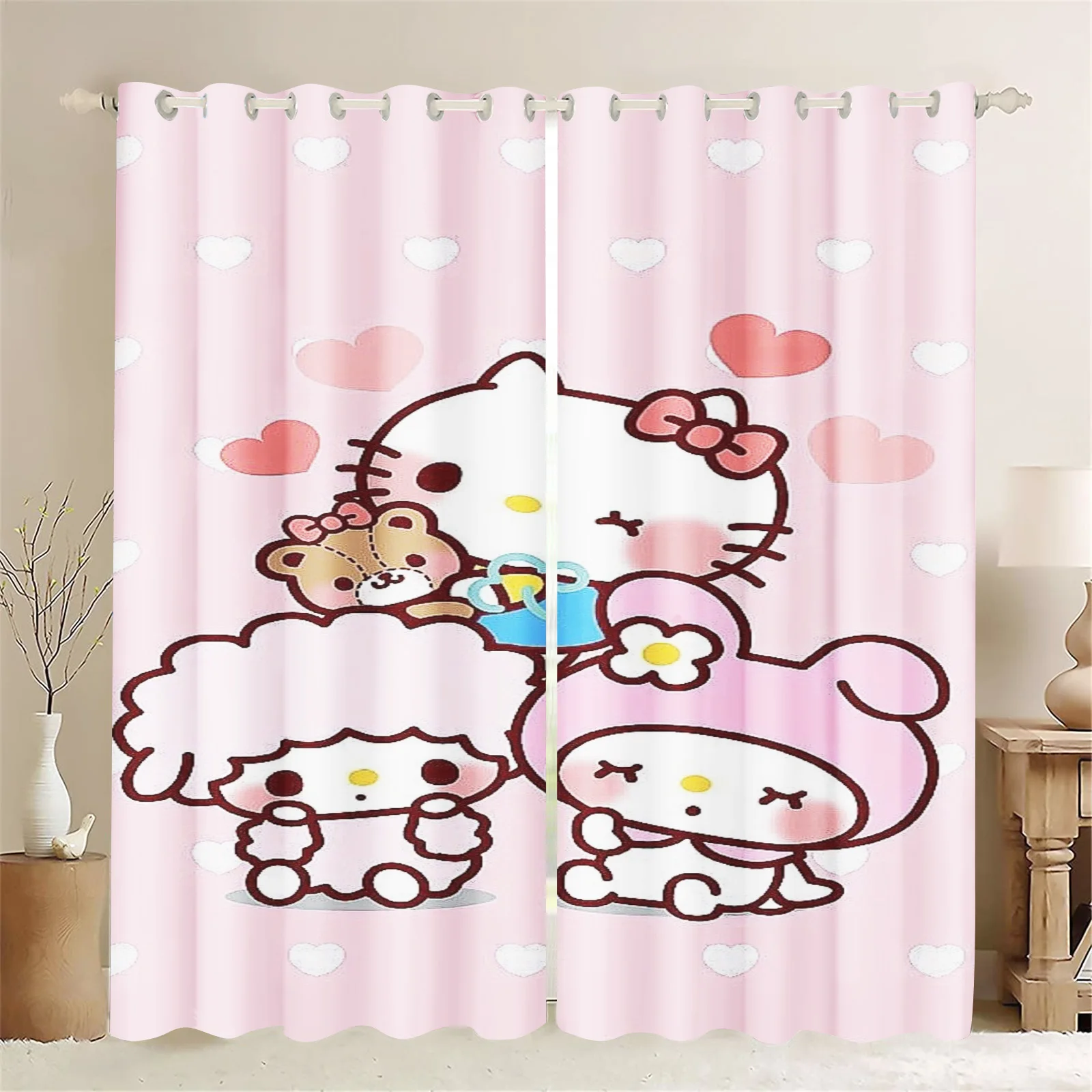 

Hello Kitty Cartoon Cute Anime Home Curtains For Living Room Living Room Bedroom Blackout Curtains Perforated 100% Polyester