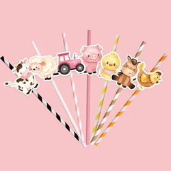 14pcs Farm Animal Disposable Straws Carton Duck/Cow/Pig/Horse Paper Straw for Kids Farmland Happy Birthday Party Decorations