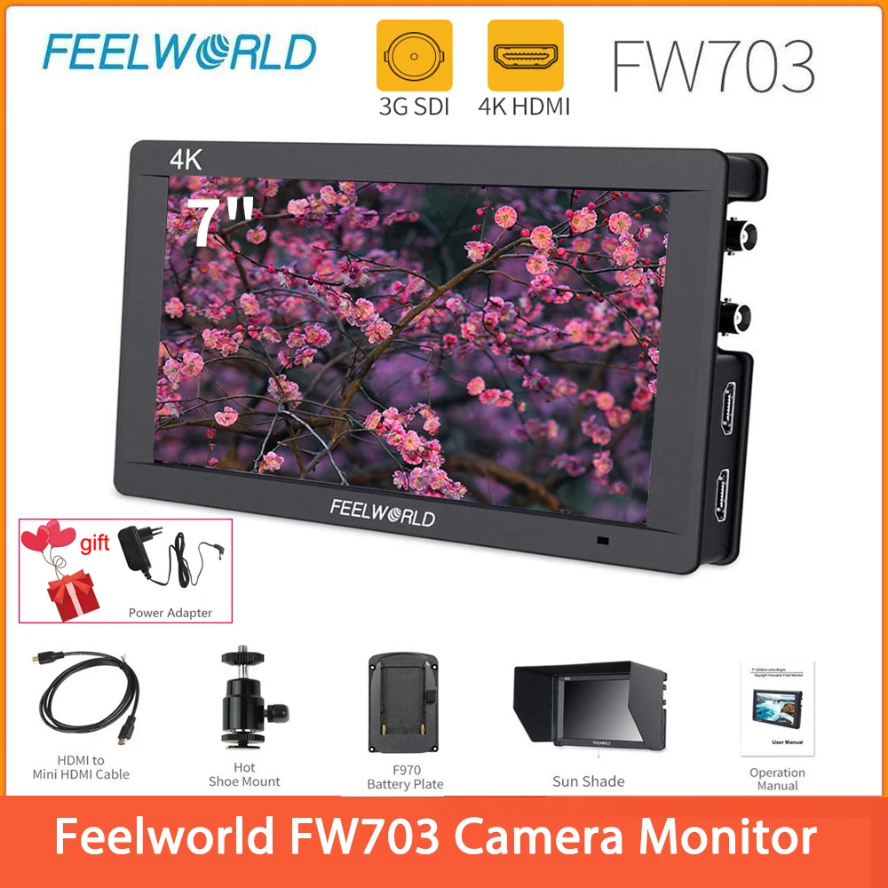 FEELWORLD FW703 7 Inch IPS Full HD 3G SDI 4K HDMI On Camera DSLR Field Monitor 1920x1200 with Histogram for Stabilizer Camera