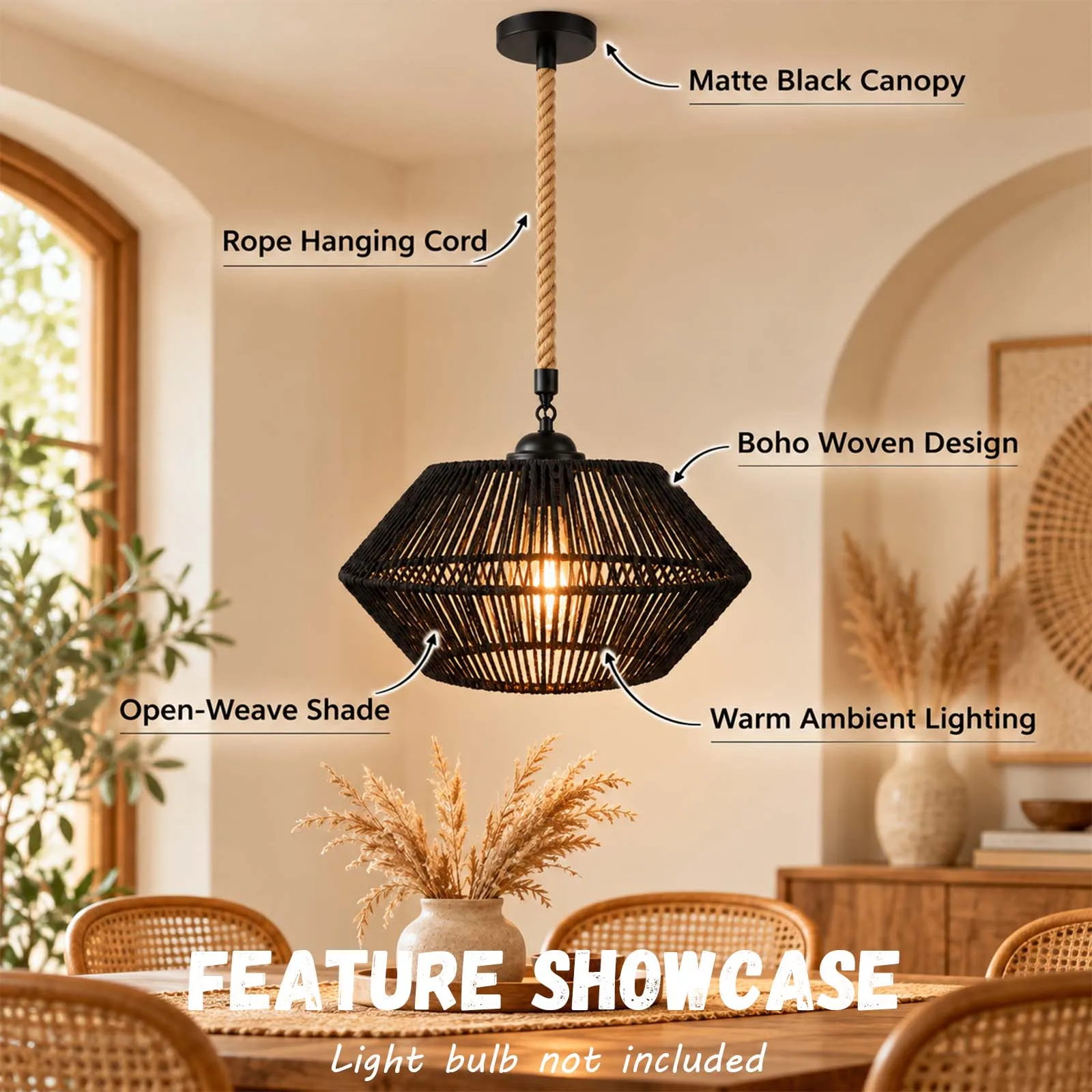 Pendant Light, Black Rattan Diamond Shade, Open Weave, Jute Rope, E27, Boho, Kitchen Dining Bedroom
