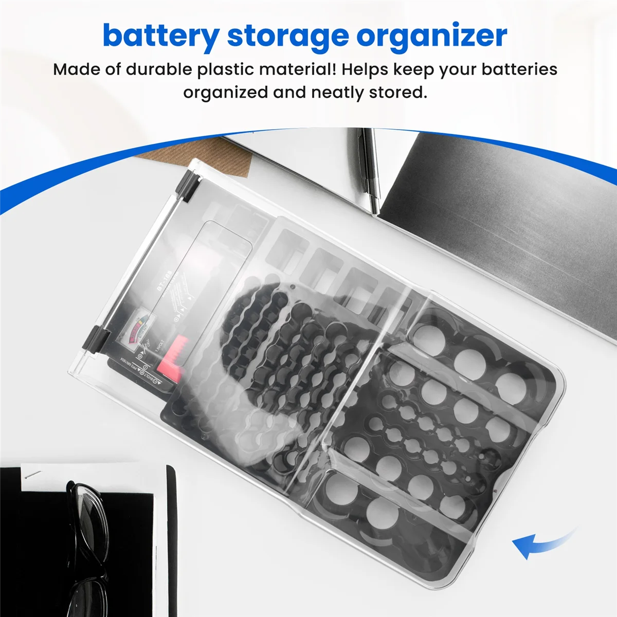 A24Uthe Battery Storage Case,Organizer with Hinged Clear Cover, with Battery Tester, Holds 93 Batteries Various Sizes, Black