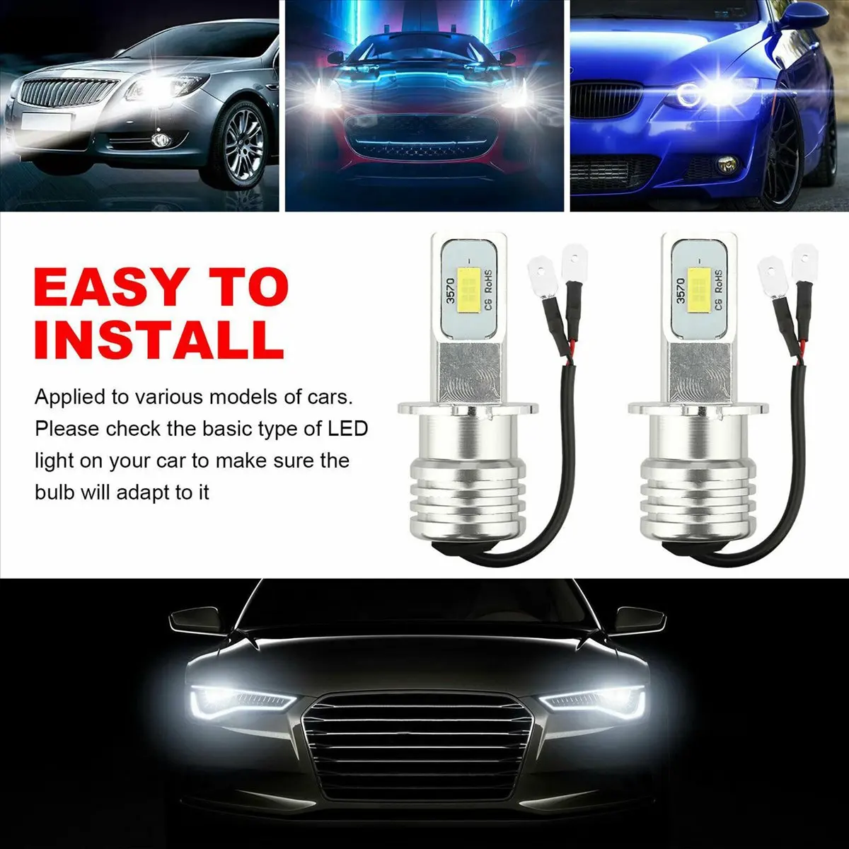 #87O 2X H3 Super Bright LED Fog Light Driving Lamp Bulb Kit 6000K,h3 led,(Aluminum alloy)