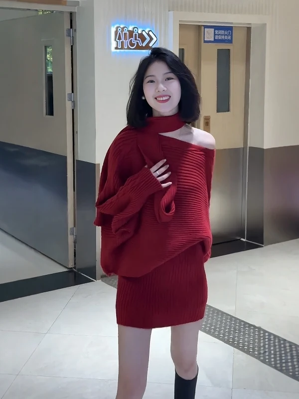 

Красный Cisas, новогодний вязаный свитер, комплект с юбкой с высокой талией, женский модный комплект из двух предметов на осень и зиму, повседневный комплект