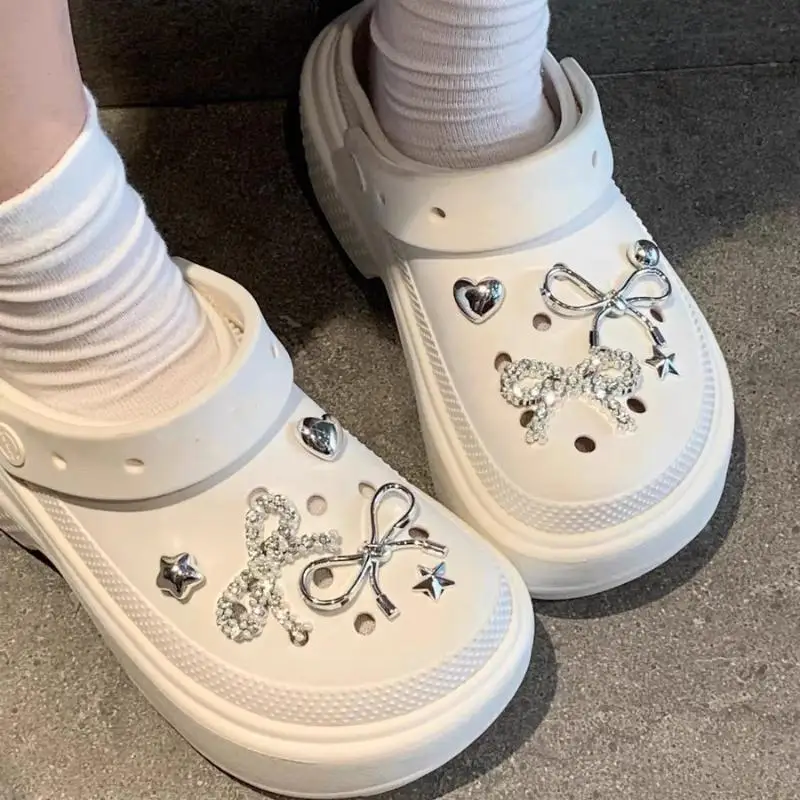Elegant Rhinestore Bowknot Clogs Accessories Summer 2026 Woman's Luxury DIY Shoes Charms Set Y2K Metal Heart Shoes Decorations