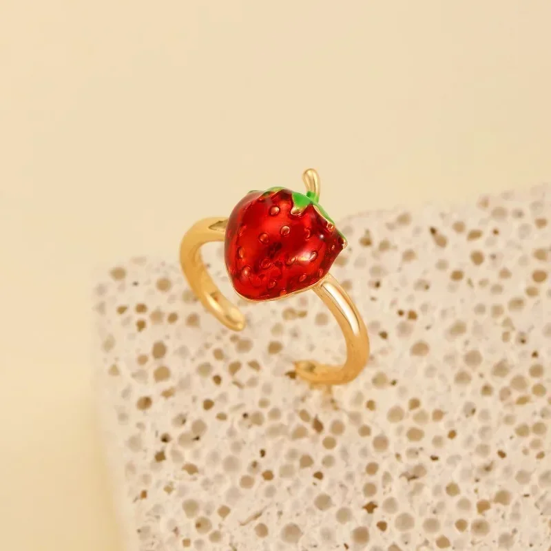 

PONYKISS Gold Color Zircon Enamel Cherry Strawberry Opening Ring for Women Cute Fashion Jewelry Minimalist Plant Accessory