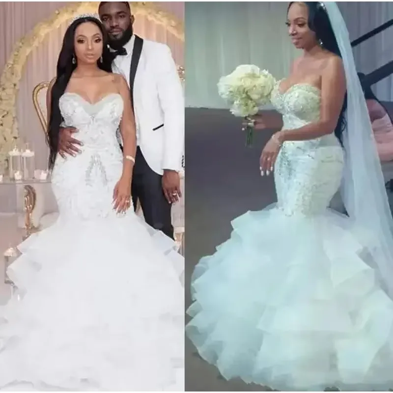 Customized Shinning Plus Size Mermaid Beads Sequins Layered Skirts Sweetheart Wedding Dress Count Train Bridal Gowns
