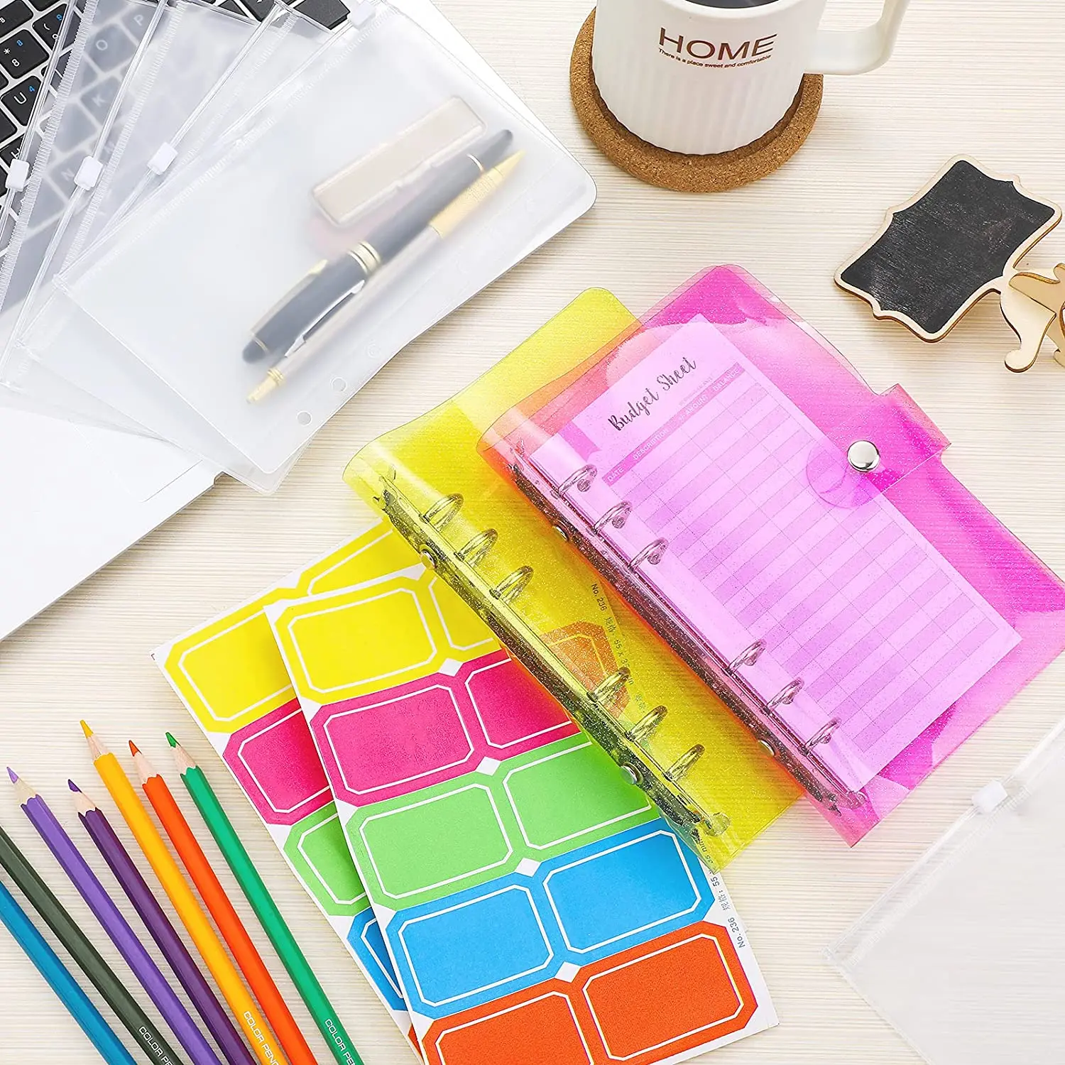 28 Pieces A6 PVC Binder Notebook Cover Planner Organizer with Cash Envelopes ,Expense Budget Sheets ,Color Sticker for Saving