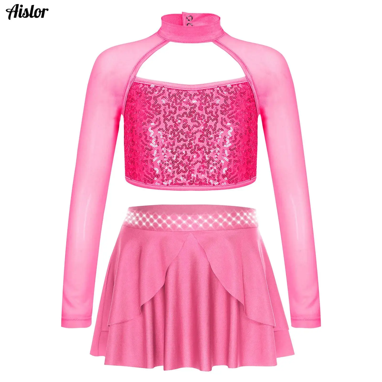 

2Pcs Girls Latin Jazz Dance Costume Hip Hop Streetwear Long Sleeve Hollow Shiny Sequin Crop Top+Skirt with Built-in Briefs Set