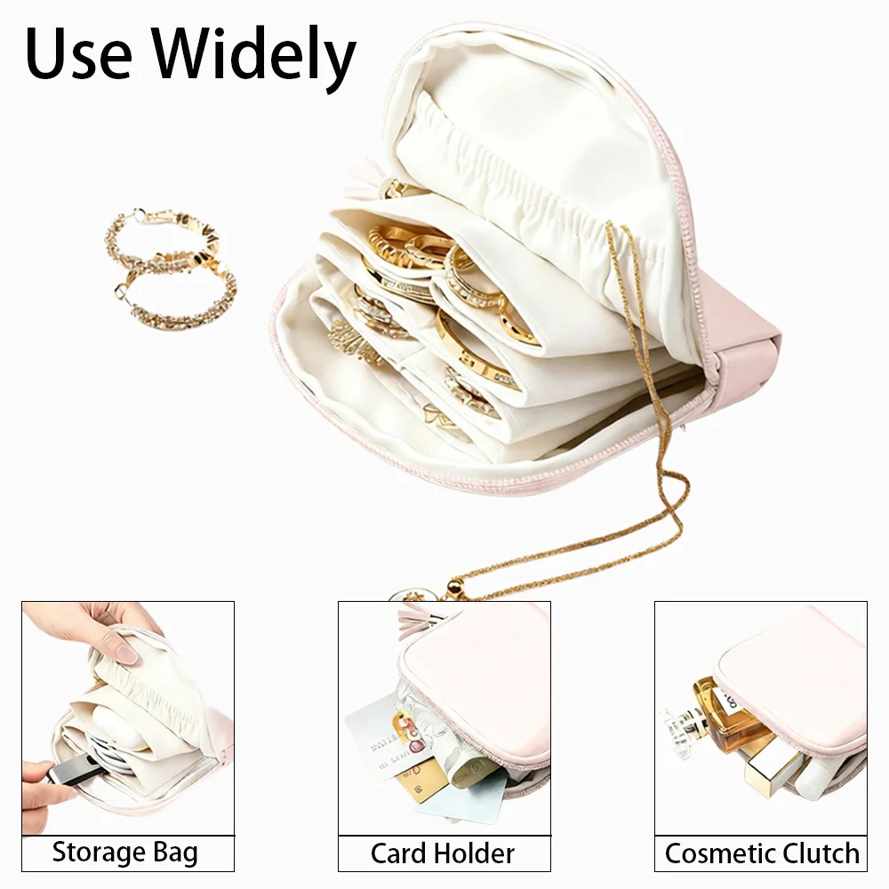 PU Leather Jewelry Travel Case with 6-Pockets, Tassel Jewelry Organizer Storage Bag for Bracelet Rings Earring Travel Essentials