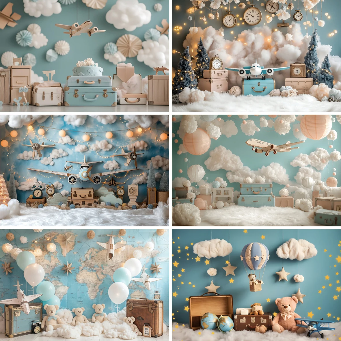 Flying Adventure Teddy Bear Balloon Photography Background Traveling Kids 1st Birthday Cake Smash Portrait Backdrop Photo Studio