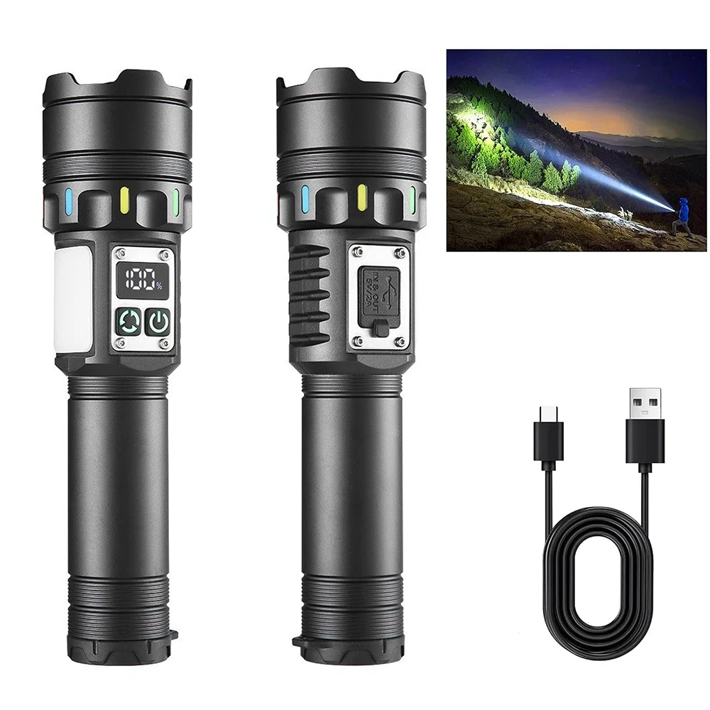 1/2X Rechargeable LED Flashlights, Digital Power Display Mobile Power Zoomable Spotlight fluorescent Strips, for Outdoor Camping
