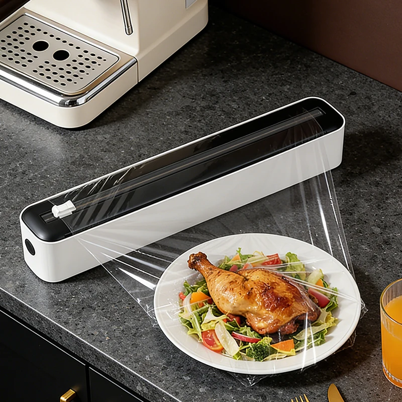 Dispensador de film transparente, un imprescindible en la cocina, máquina reutilizable para envasar alimentos y cortador de papel de aluminio/papel para hornear.