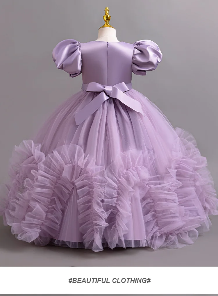 女の子用メッシュチュチュスカート、ハンドビーズの真菌スリーブ、プリンセスパフォーマンスドレス、ダンスコスチューム、誕生日のホスト