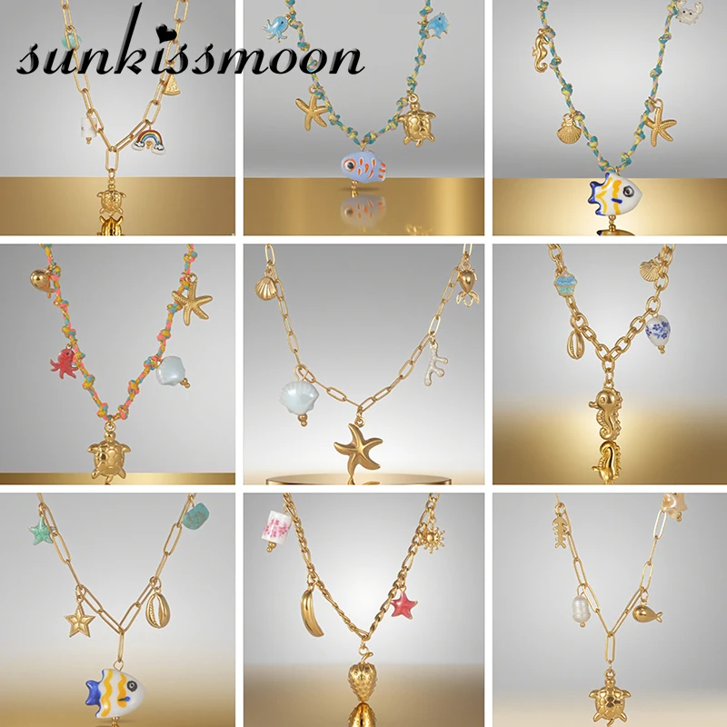

Trendy Beaded Rope Necklace With Ocean & Fruit Charms Cute Turtle Starfish Shell Pendant Boho Beach Jewelry Gift For Women Girl