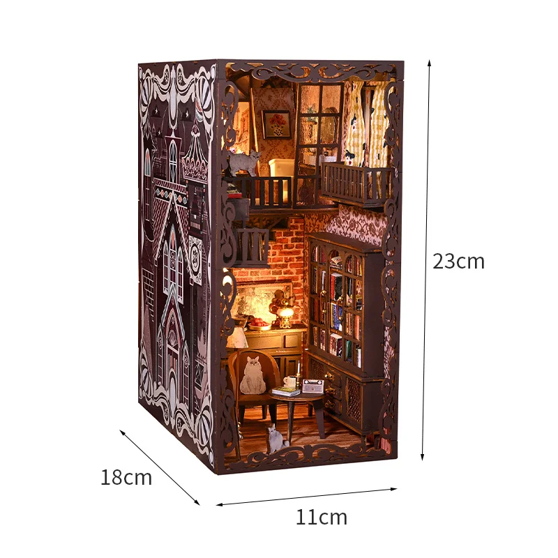 Book Nook Kit Wooden Dollhouses Bookshelf Insert Decor With LED Light Doll House Model Insert Bookend Building For Xmas Gifts