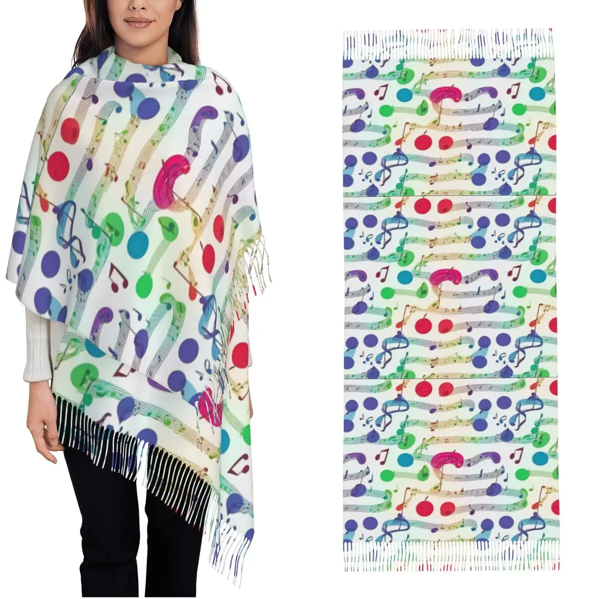 Womens Scarf with Tassel Music Notes Rainbow Colors Musical Theme Large Super Soft Shawl Wrap Daily Wear Pashmina Scarves