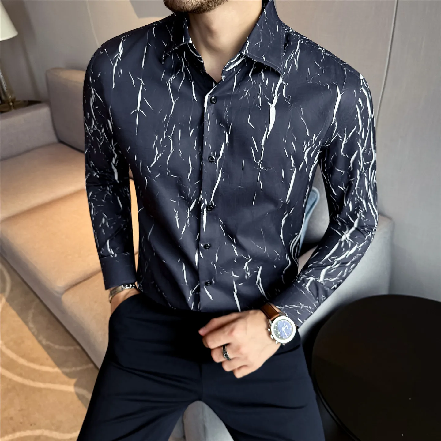 قميص رجالي بأكمام طويلة بنمط فرقعة - أزرق داكن (أسود/أخضر) M-3XL تصميم أنيق برقبة على شكل حرف V قماش قابل للتمدد للتجاعيد ​
