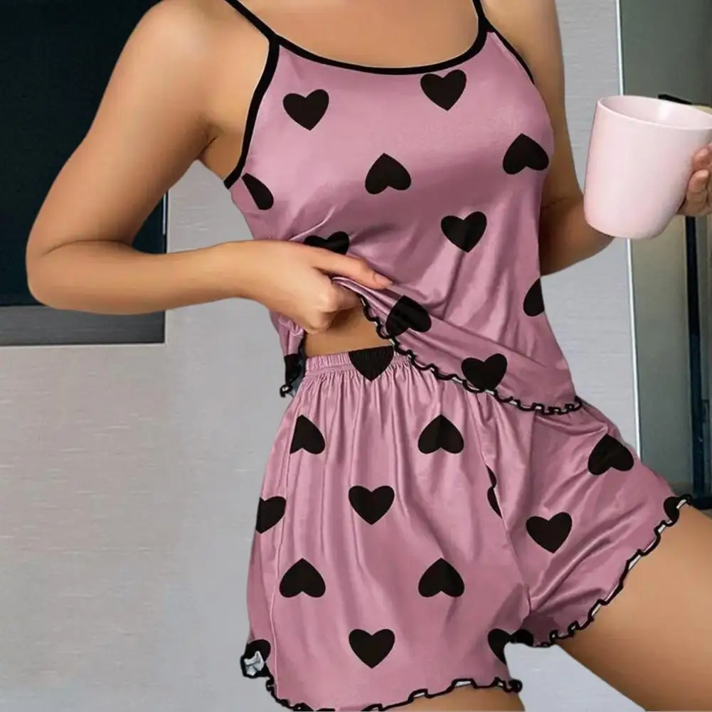 Two-Piece Suit Women Pajamas Sleepwear Pajama Set Camisole Shorts Pink Blue Heart Print Ice Silk Comfortable Casual Homewear