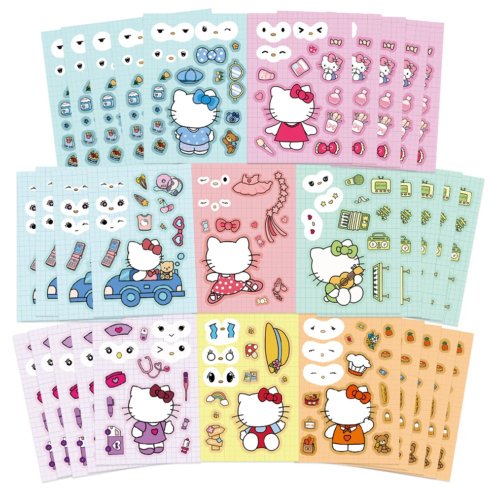 

8/16sheets Cute Make a Face Stickers Anime Sanrio Hello Kitty Puzzle Sticker Funny Cartoon Assemble Jigsaw Decals for Kids Gifts