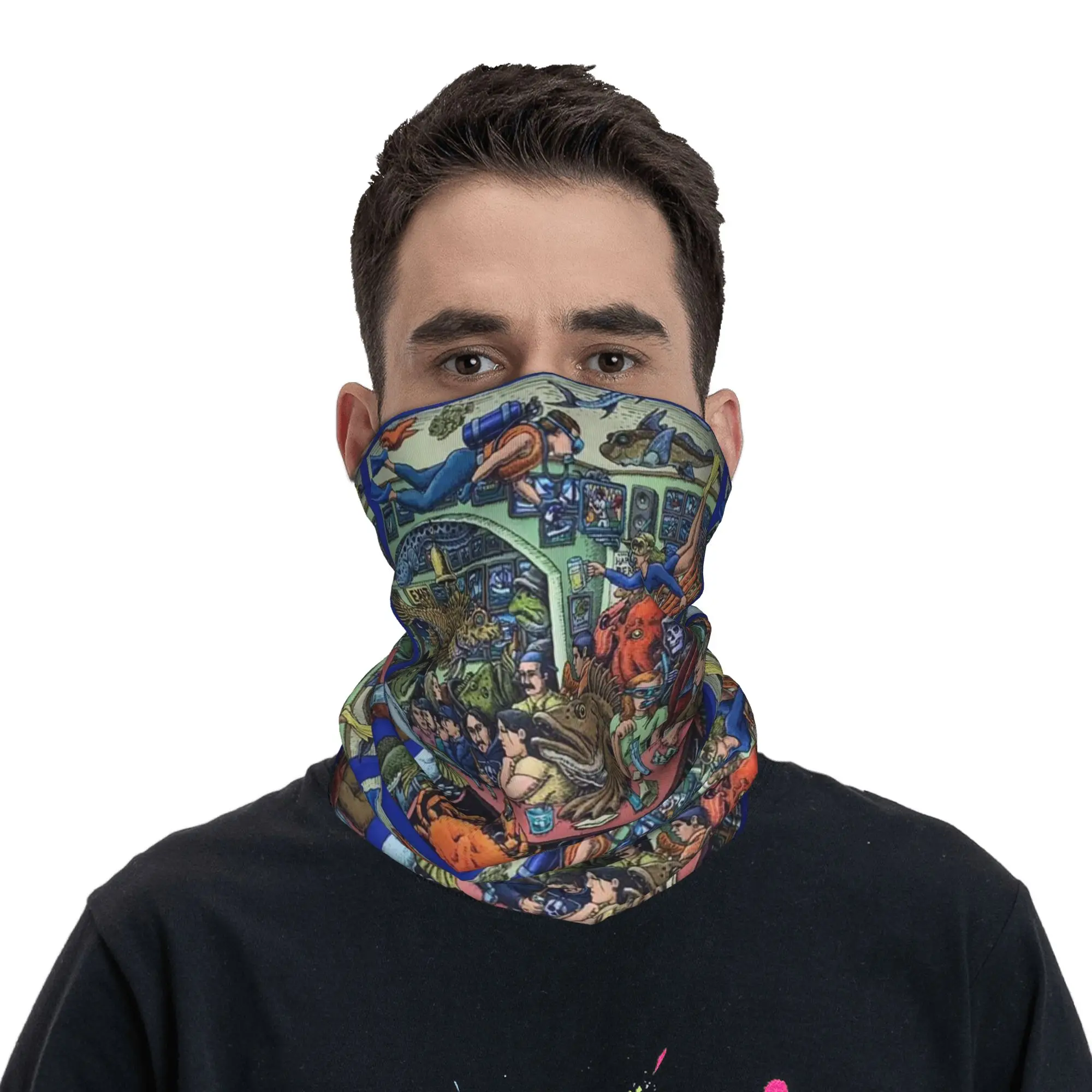 Ocean Animal Underwater Bar Scene with Diver Sea Creatures Bandana Neck Cover Printed Wrap Mask Scarf Balaclava Hiking Fishing