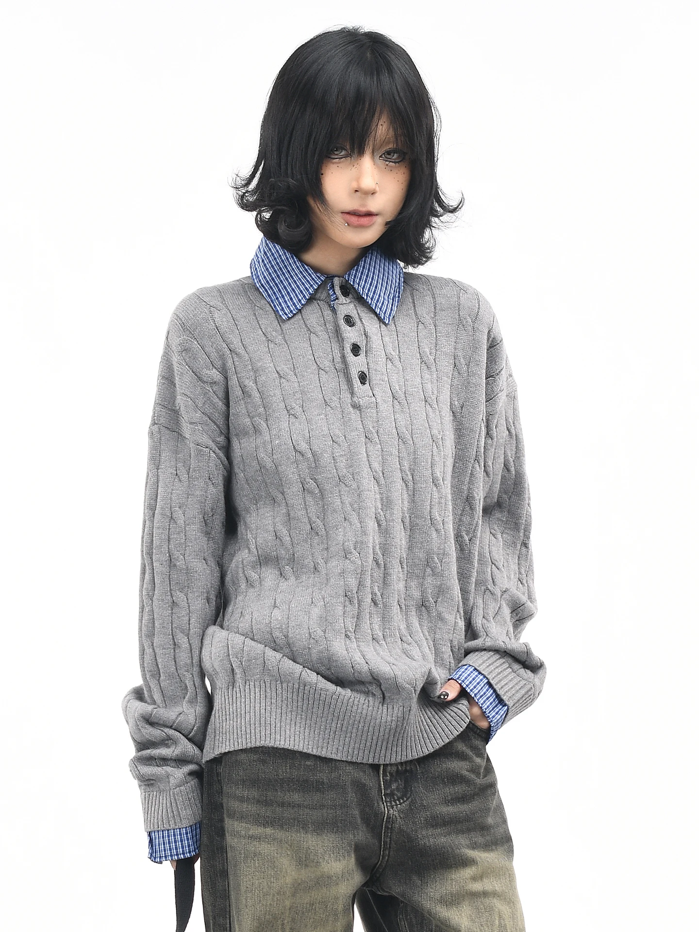 

OV Original Retro Plaid Twist Knitwear Loose Casual ex Sweater Outerwear Comfortable Warm Autumn Winter Faion Sle