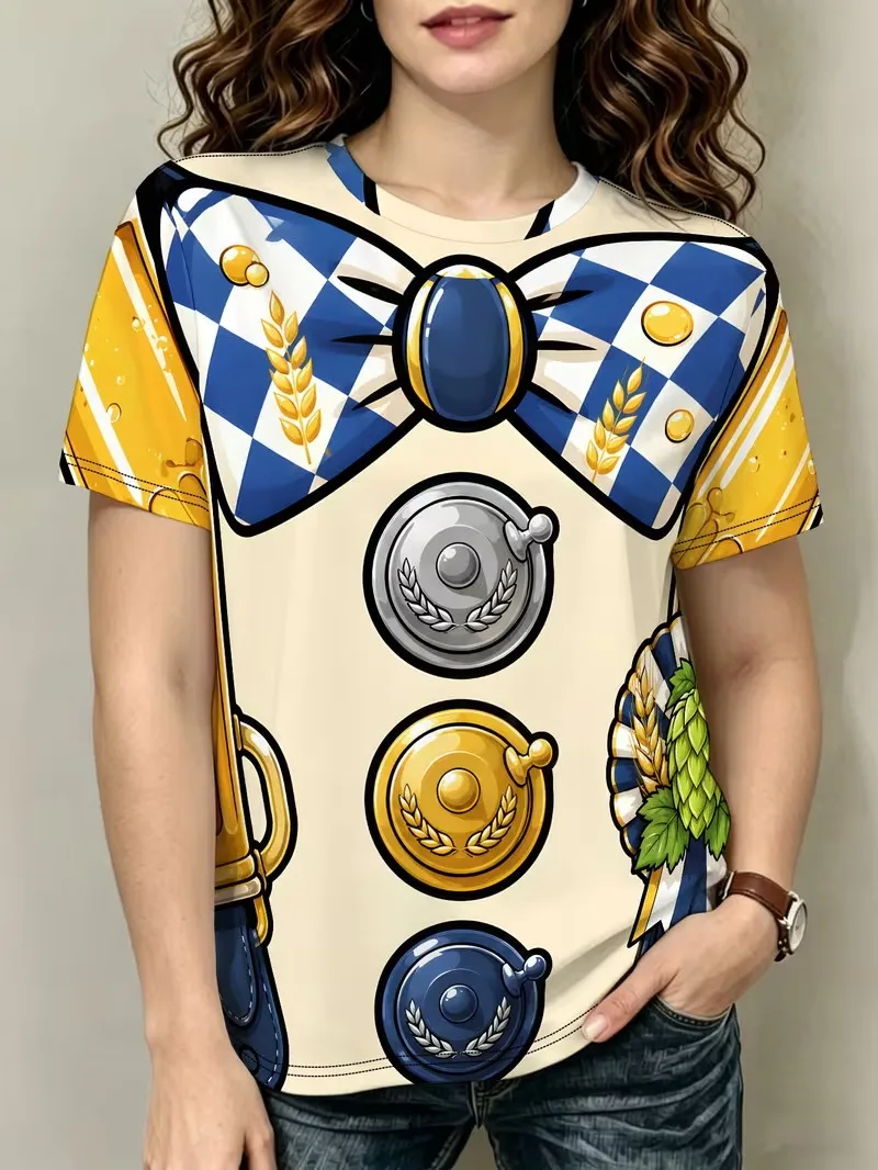 Women Oktoberfest Costume T‑Shirt Simulated Bavarian Dirndl Outfit 3D Print Beer Hop Short Sleeve German Festival Party Tees