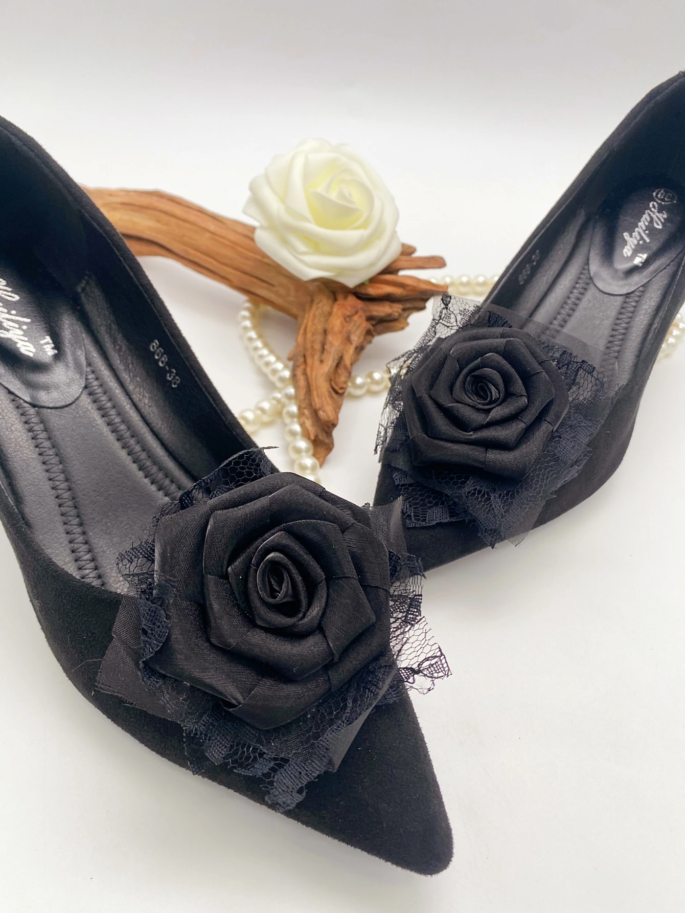 

2 black lace fabric rose shoes to decorate DIY casual accessories - fun and versatile way to personalize footwear