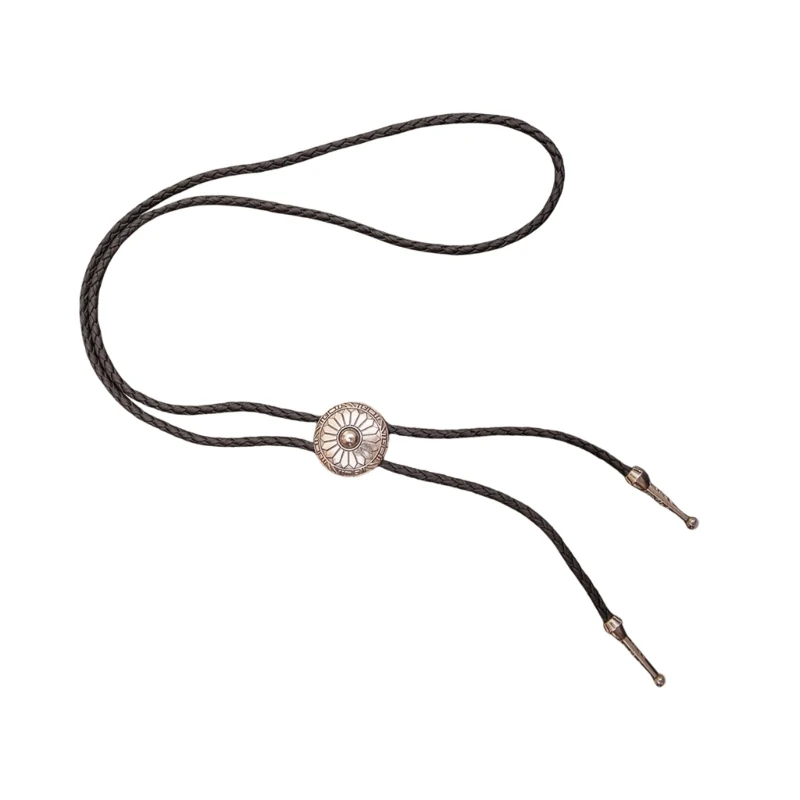 Western Cowboy Leather Rope Bolo Tie with Metal Flower Pendant for Men's Outfit