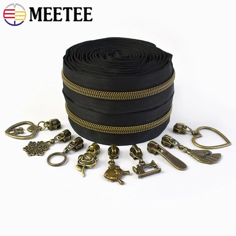 1/2/3/4/5Meters 5# Nylon Zipper Tapes + Bronze Zippers Slider for Sewing Shoes Bag Zips Pulls Garment Repair Kit DIY Accessories