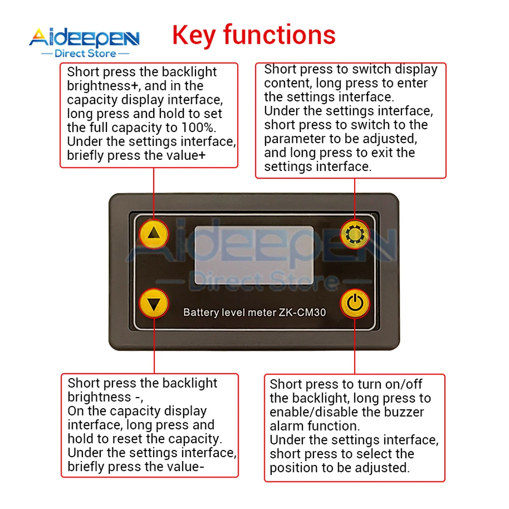 ZK-CM30 DC LCD Digital Ammeter Voltmeter 6-60V 30A Electric Volt Amp Meter Power Kwh Battery Indicator For Electric Vehicle