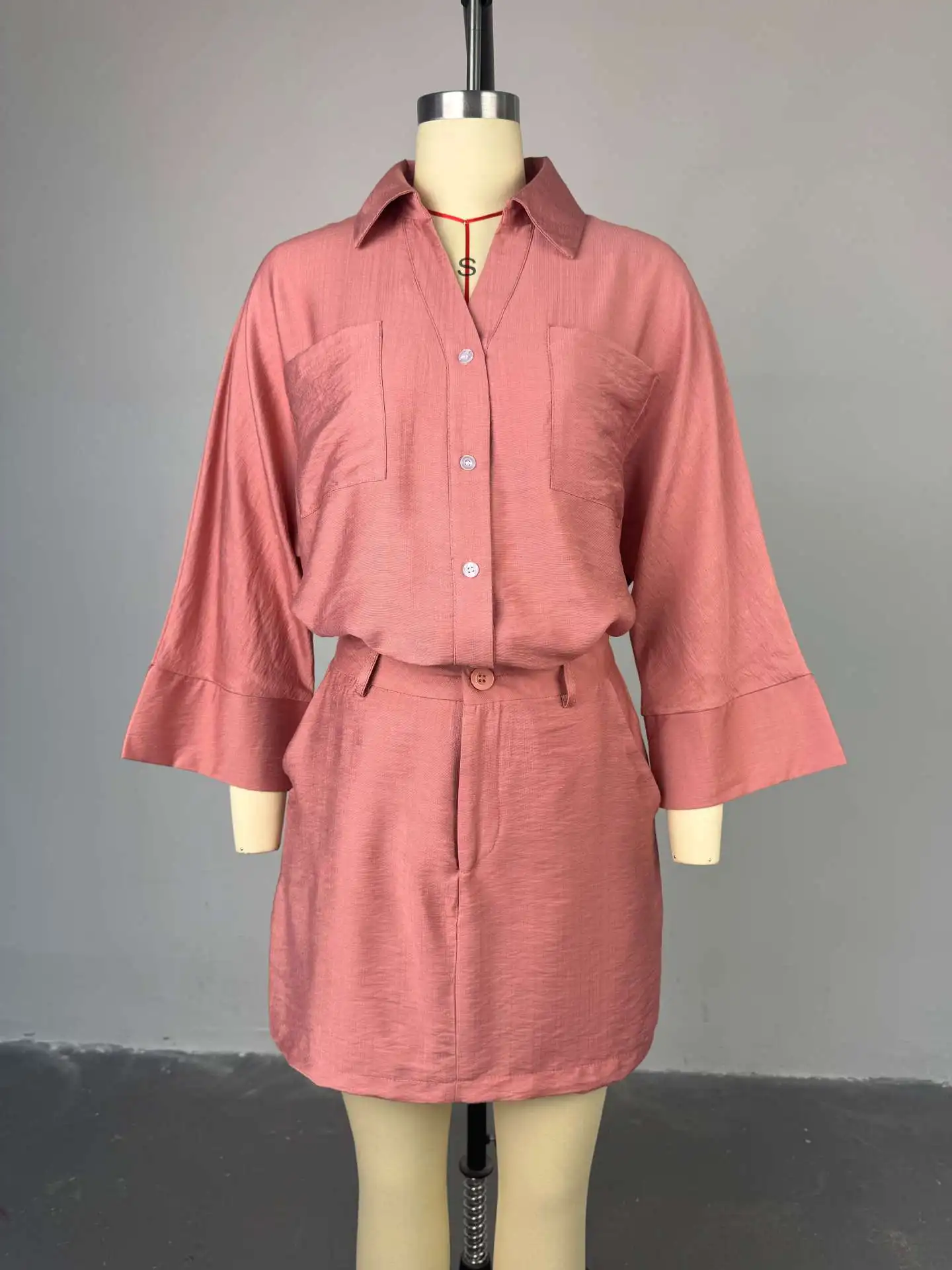 

Рубашки с отложным воротником и рукавами «летучая мышь», юбка, женская, лето 2023, новая мода, женские розовые однотонные повседневные модные комплекты из 2 предметов