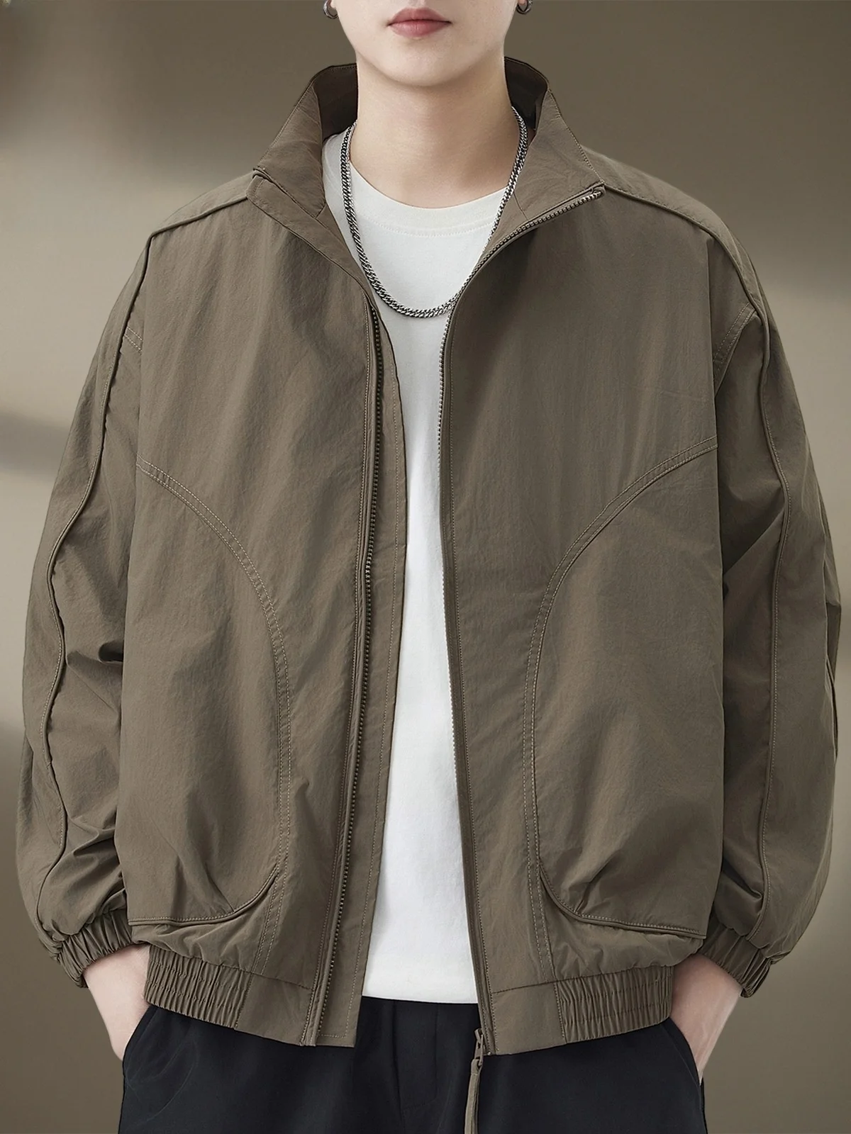 

Casual Loose Fit Jaet Men's Spring Trendy Zipper Decorated Polyester Fiber Long Sve Youth ular Outerwear