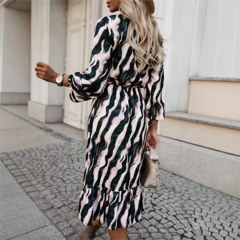 Elegant Long Sleeve Dress for Women Autumn Sweet Bow Waist Zebra Pattern printing Fashion Simple Dressess Vestidos