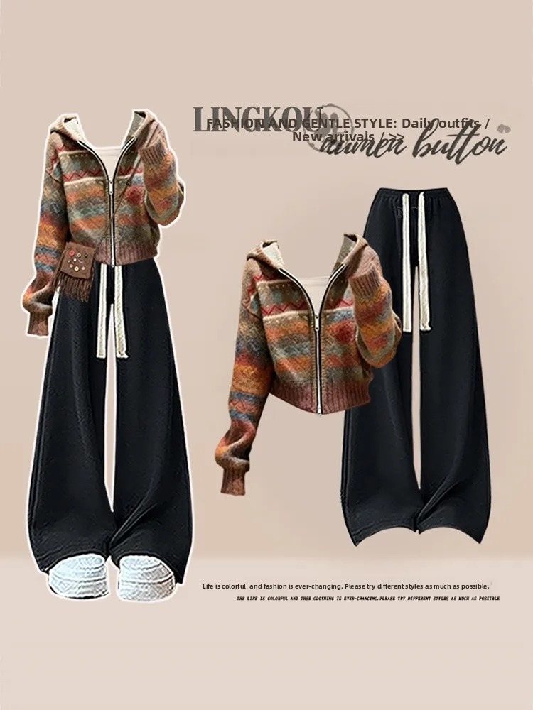 

plus Size Spring Autumn Casual Women's Striped Jaet Slimming Concealing Loose Pants Two Piece Set High Waist Zipper Closure