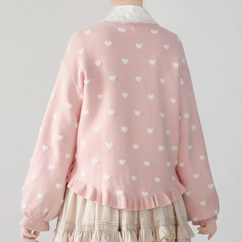 Kawaii Lolita Style Knitted Cardigan Women Sweet V-Neck Shape Button Long Sleeve Ruffle Sweater Coat Girl Outerwear Cute Clothes