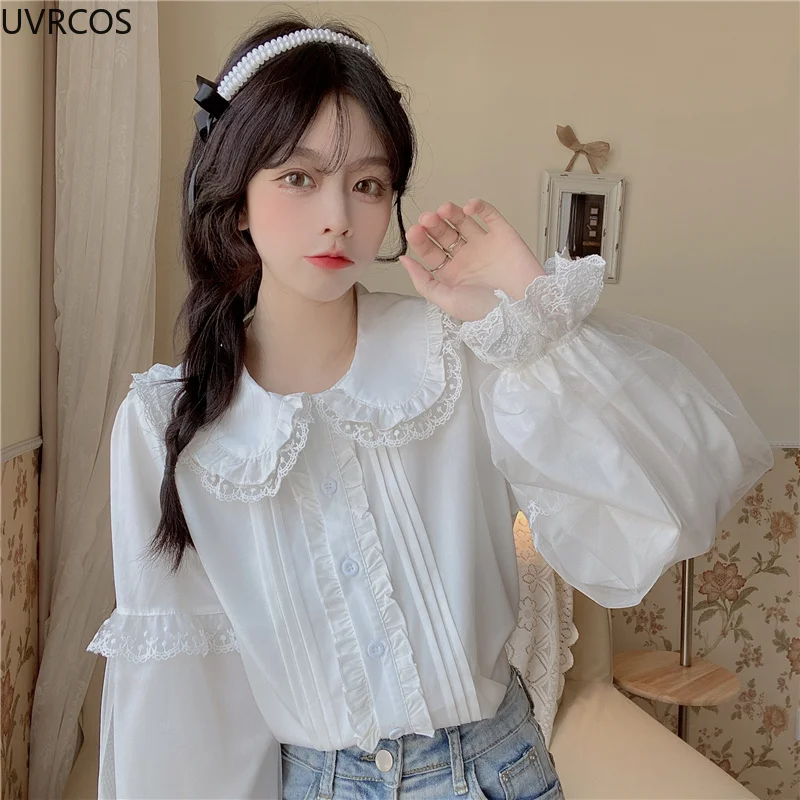 Sweet Lolita Long Sleeve White Shirts Women Japanese Lace Ruffles Peter Pan Collar Elegant Blouses Girly Harajuku Gothic Blusas