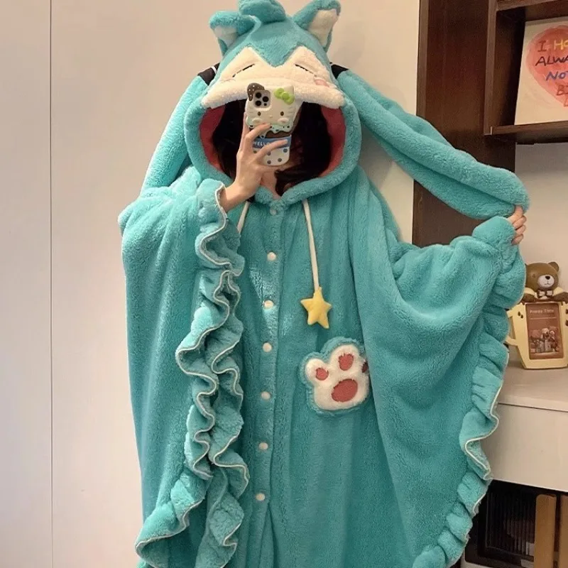 かわいい初音ミクローブアニメかわいい学生コーラルフリース耳付き漫画レースワンピースパジャマ屋外保温ホームウェア