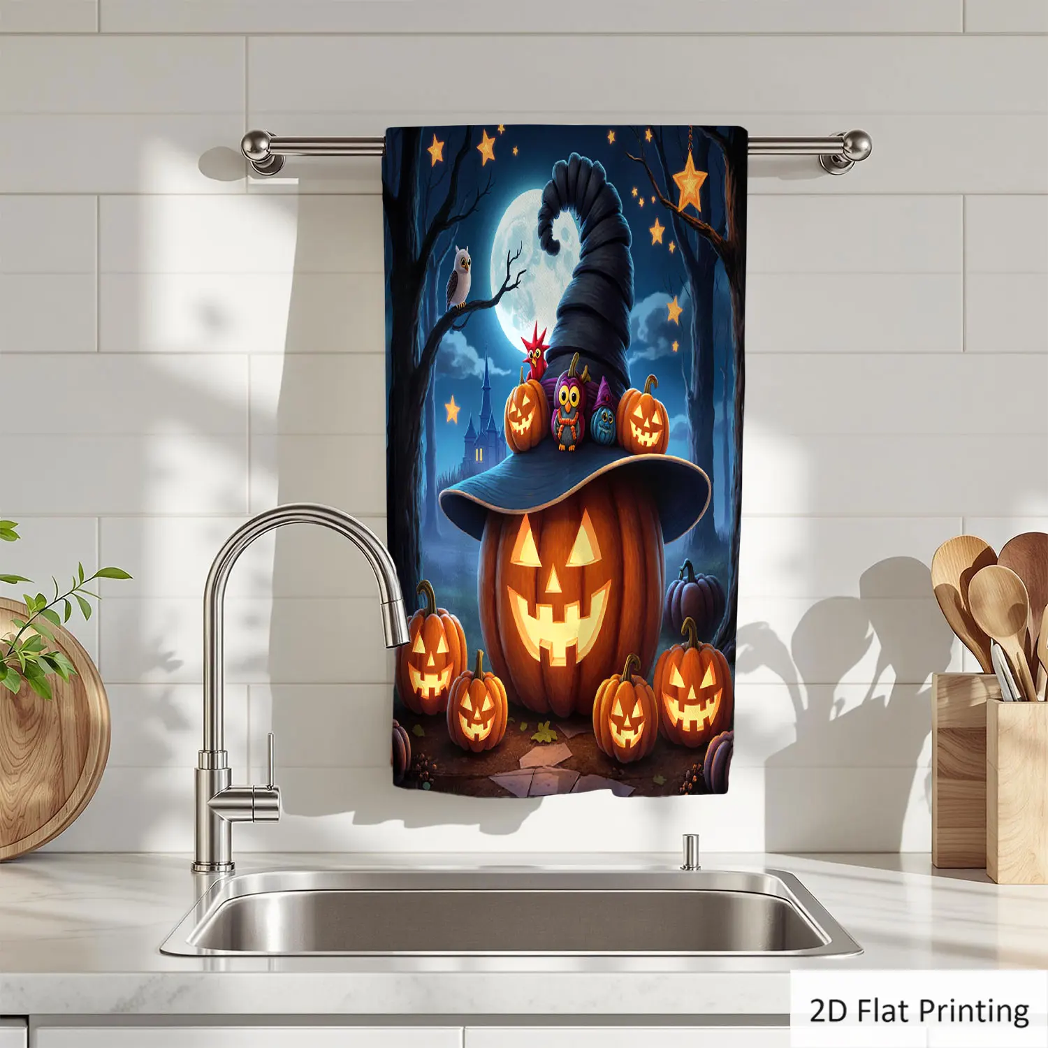 1 toalla de mano para baño con diseño de sombrero de bruja, calabazas, búhos y luna para Halloween, toalla de microfibra de poliéster de varios tamaños, toallas decorativas únicas para el hogar y la cocina, accesorios decorativos para el baño, de secado rápido y absorbente.