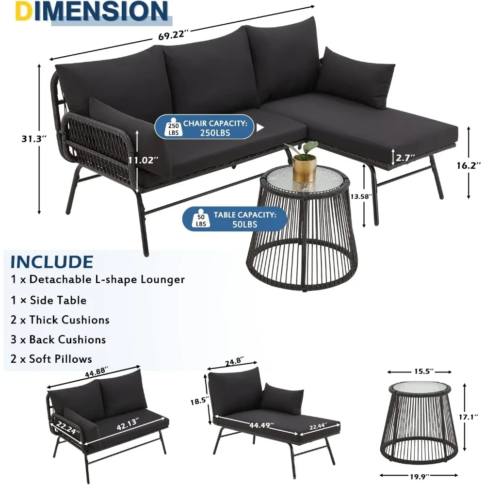 Juegos de conversación para Patio, muebles seccionales, juego de sofá con cojines gruesos y mesa de centro de vidrio templado para Patio trasero, 3 piezas