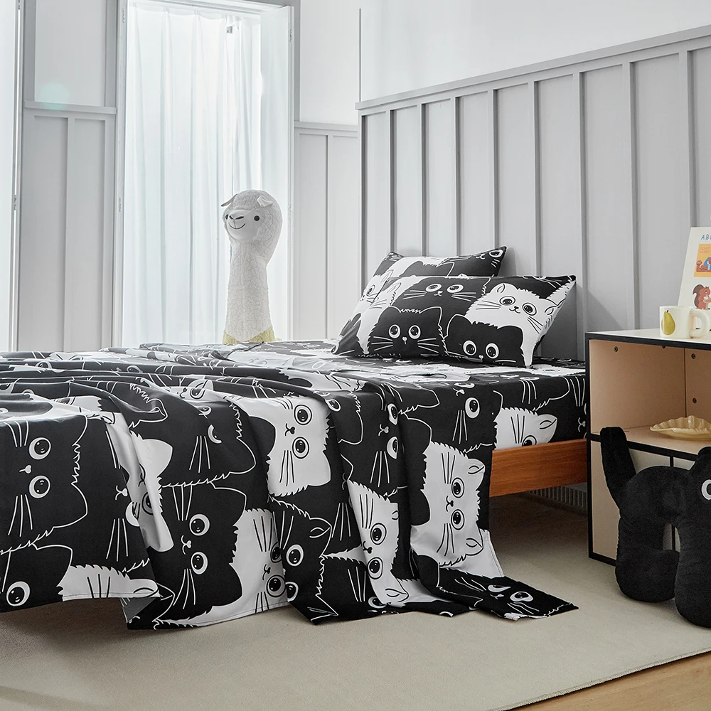 

Elastic Fitted Bed Sheets Single Double Bed Cat Flat Sheets King Queen Size Home Bed Cover Mattress Protector Bed Linen 4pc