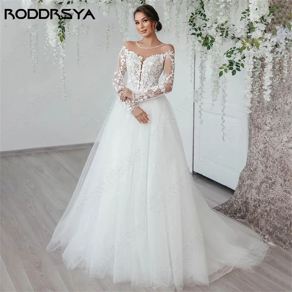 RODDRSY Civil Long Sleeves Lace Wedding Dress A-Line O-Neck Illusion Back Bride Gowns Custom Made Suknia ślubna z długim rękawem