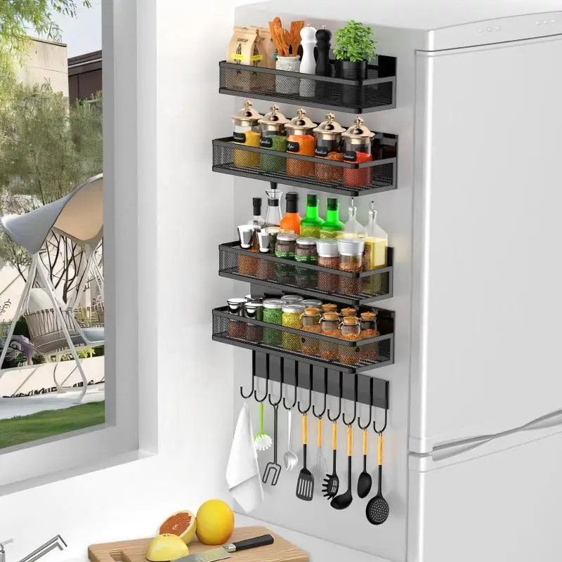 Magnetic Spice Rack Magnetic Rack for Refrigerator Spice Organizer with 8 Hook Rack Magnetic Shelfs