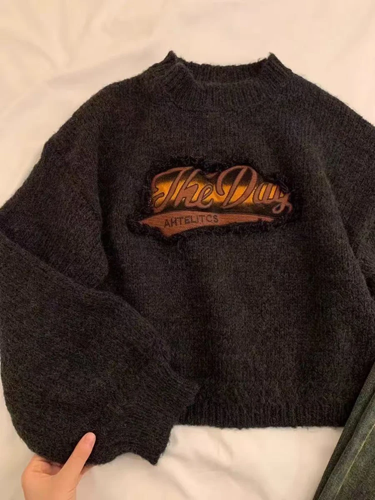 Y2K Vintage Knitted Crop Sweater Women Autumn Winter Thick Warm Female Pullovers Harajuku Loose Streetwear All Match Jumpers