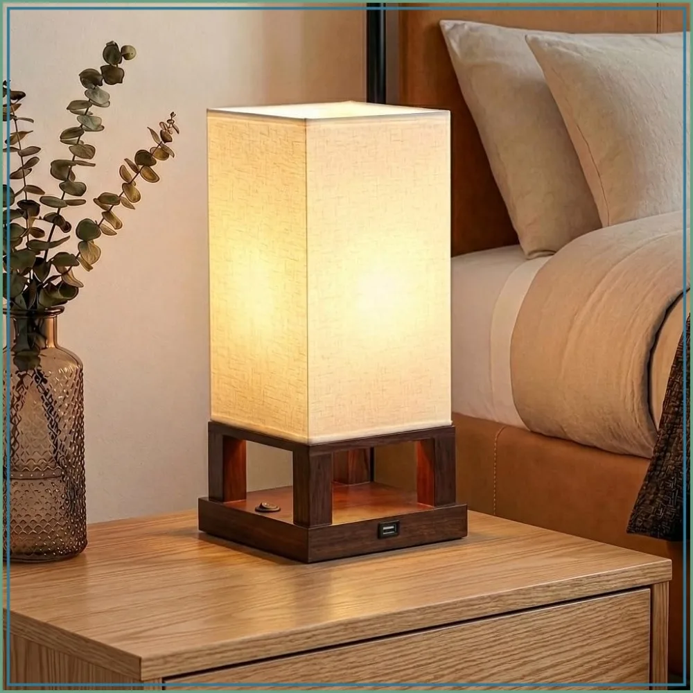 Modern Bedside Lamp with USB Port & Wood Frame - Warm LED Light for Bedroom, Living Room