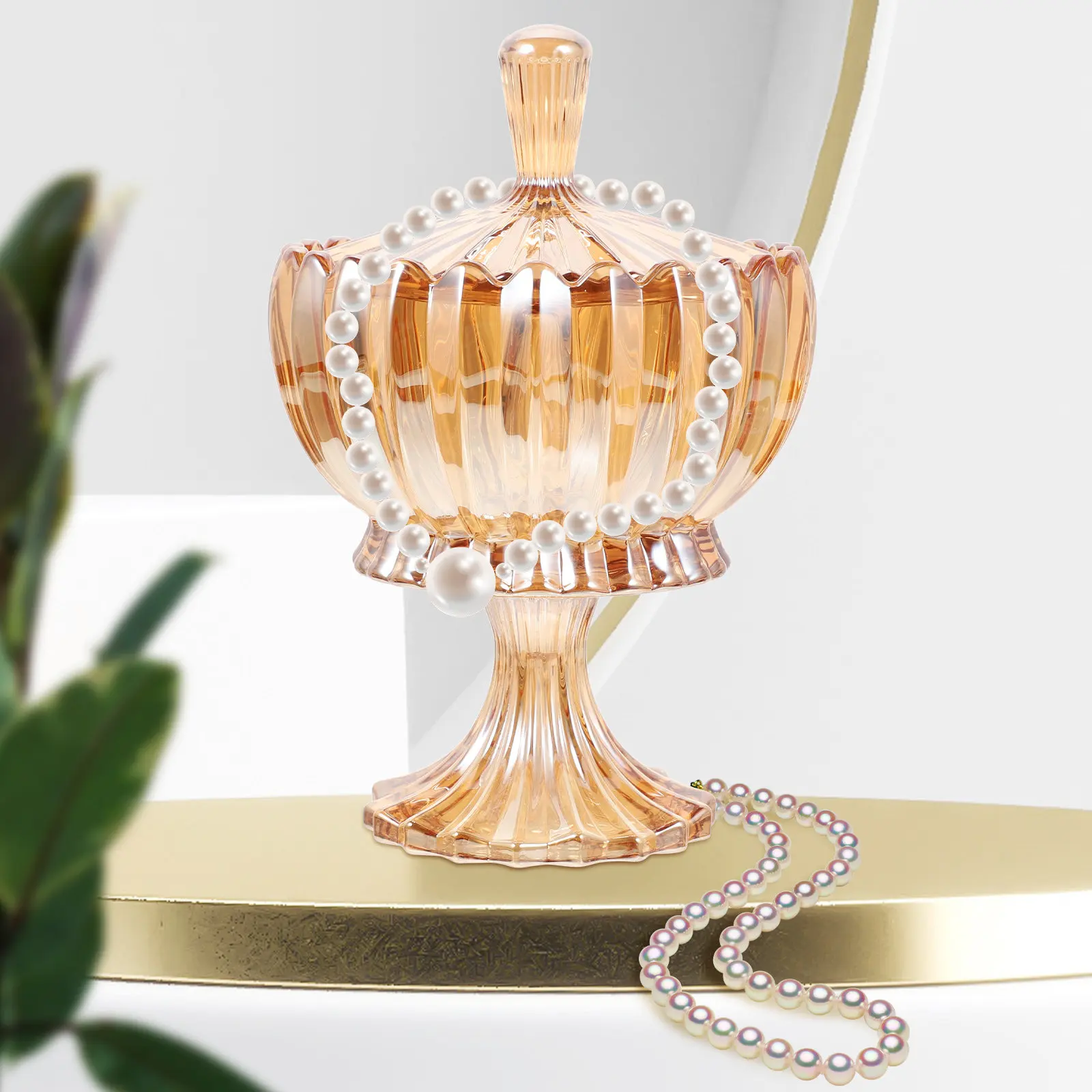 Amber Glass Jar with Lid for Jewelry Rings Necklaces Candies Small Items Embossed Decorative Storage Container Household Use