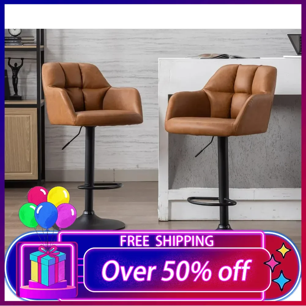 

Swivel Bar Stools Set of 2 Leather Counter Height Barstools with Back and Arms Adjustable Bar Stool Chairs with Metal Base