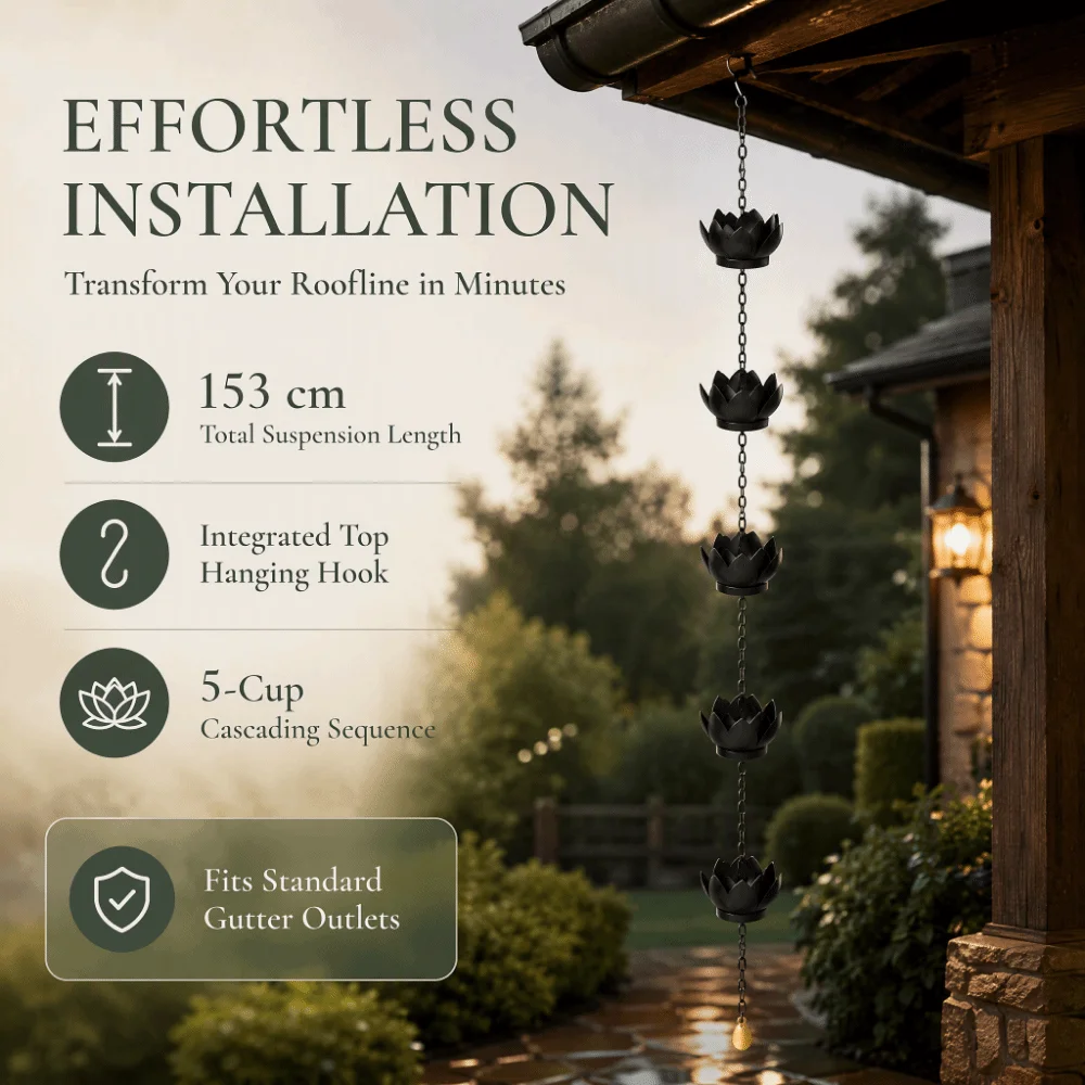 Stylish Iron Rain Chain 153cm Length Flower Cup Downspout Alternative Black Linked Chain Downspout Rain Chain For Gazebos
